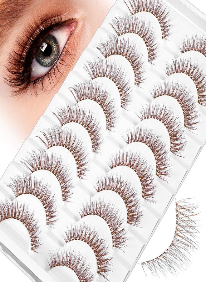 ValueBargain 10 Pairs Brown Cat Eye Lashes, Cat Eye Wispy Brown Lashes, Faux Mink Cat Eyelashes with Clear Band for Beginners & Professionals - Image 1